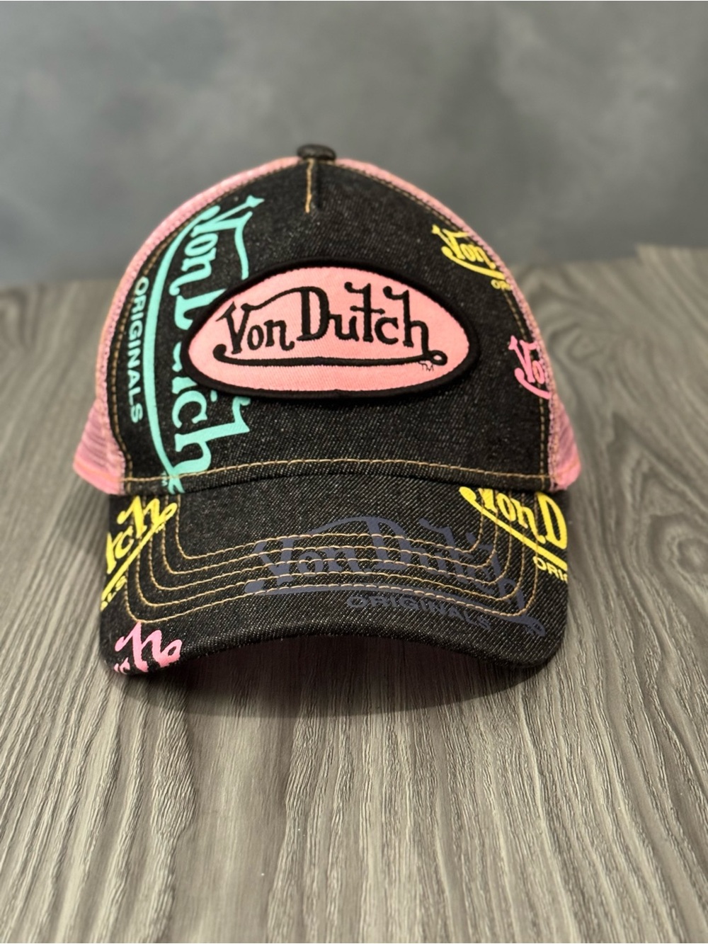 Von Dutch Kids Black Trucker Hat with Pink Logo and Multicolor Accents